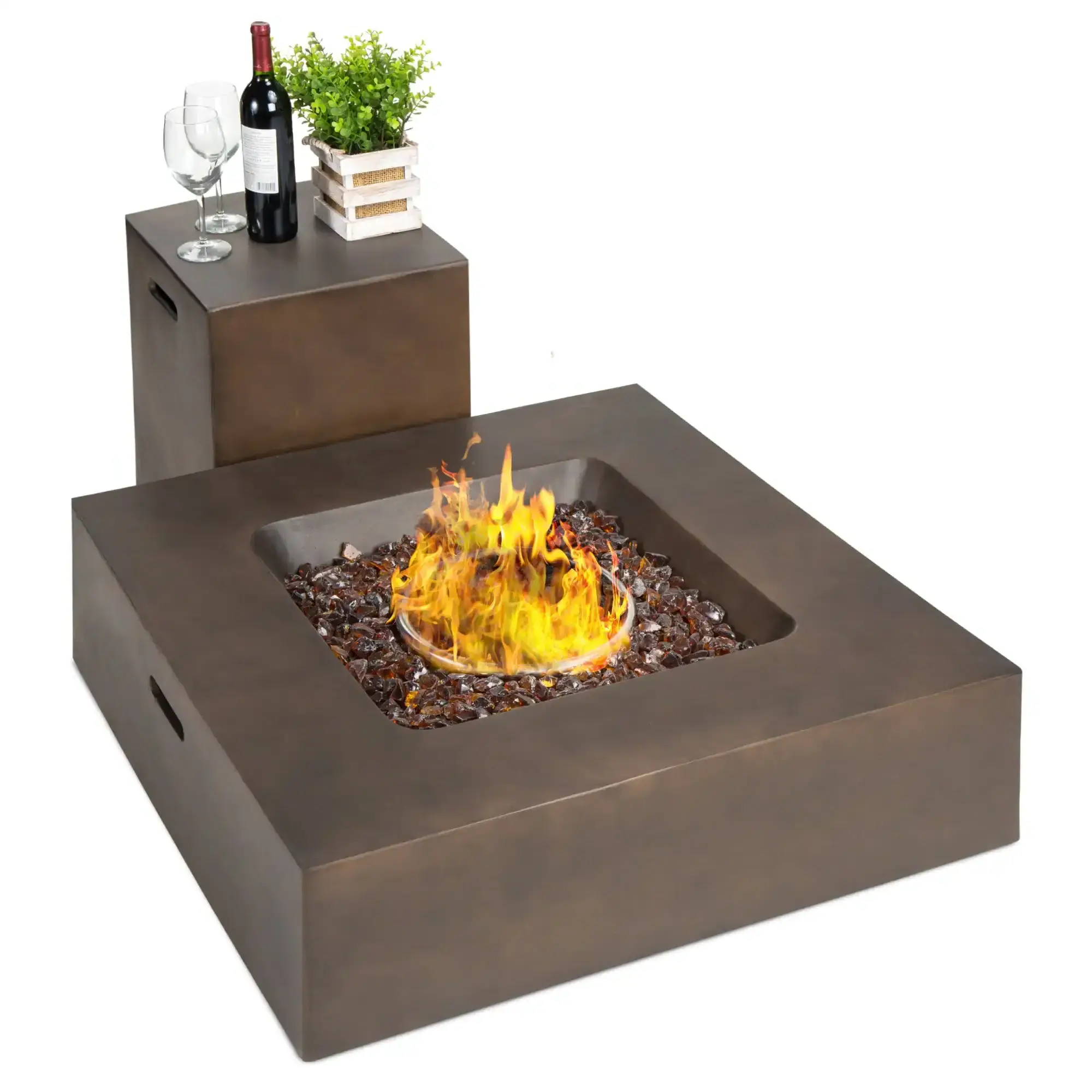 Luxury outdoor furniture garden aluminum metal square fire pit table with side table propane fire pit table