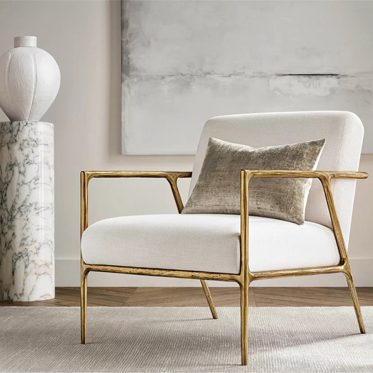 Modern Thaddeus Golden Track Arm Chair Hand Hammer Forged Metal Frame White Fabric Accent Chair