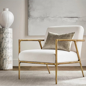 Modern Thaddeus Golden Track Arm Chair Hand Hammer Forged Metal Frame White Fabric Accent Chair