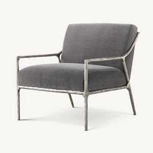 Rustic Style Thaddeus Slope Armchair Hammer Forged Metal Base Grey Fabric Accent Lounge Chair