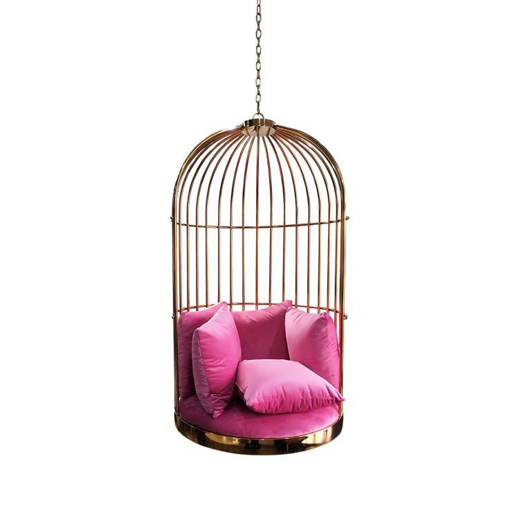 Luxury Design Hotel Lobby Furniture Gold Plated Stainless Steel Wedding Throne Birdcage Chair Hanging Velvet Seat Chair