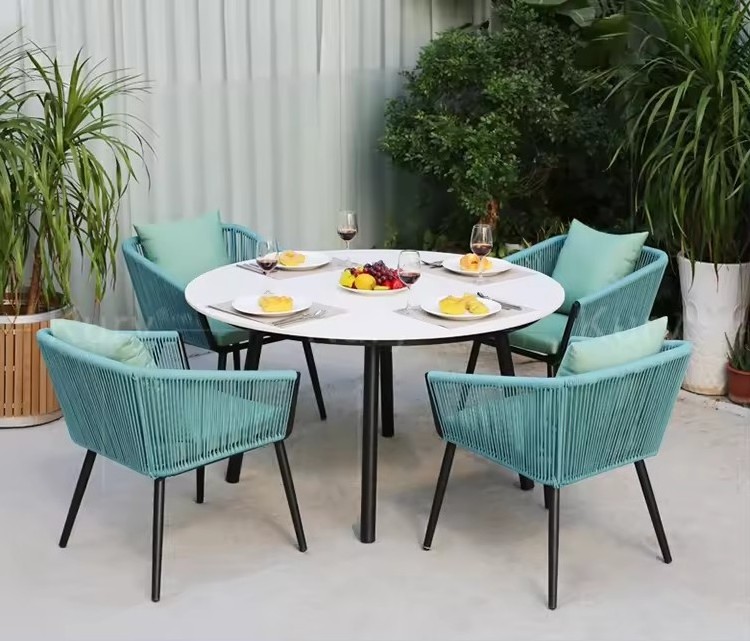 Modern New Product Outdoor Furniture Garden Patio Rope Chair Backrest Aluminum Frame Dining Table 4 Seater Set