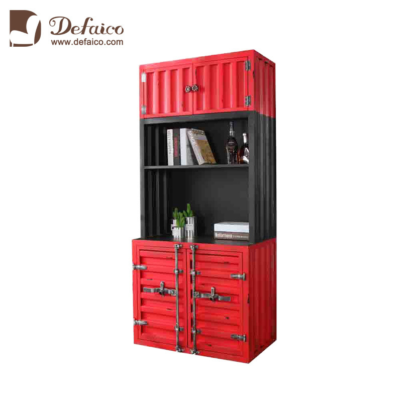 Rusty Iron Frame High Antique Red Industrial Loft Bar Shipping Container Style Bookcase with Storage