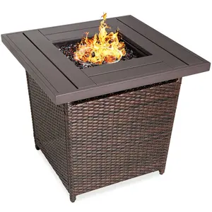 Patio Outdoor 28 Inch 50,000 BTU Auto-Ignition Rattan Gas Fireplace Propane Gas Firepit Fire Pit Table