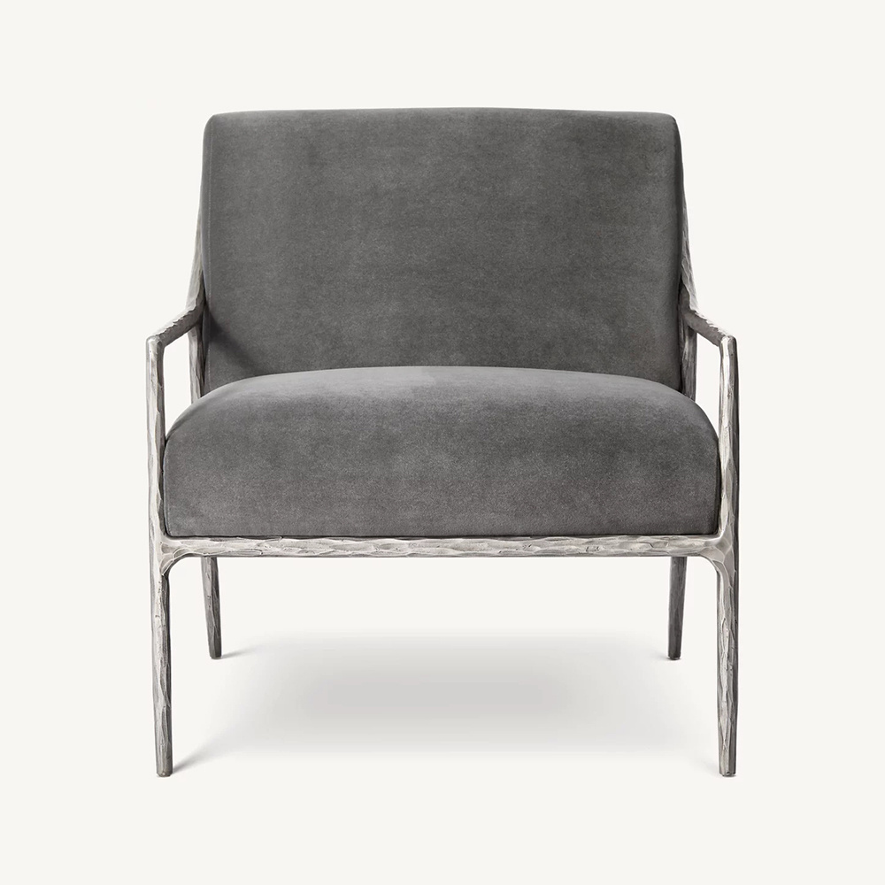 Rustic Style Thaddeus Slope Armchair Hammer Forged Metal Base Grey Fabric Accent Lounge Chair