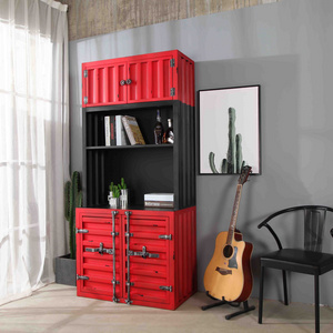 Rusty Iron Frame High Antique Red Industrial Loft Bar Shipping Container Style Bookcase with Storage