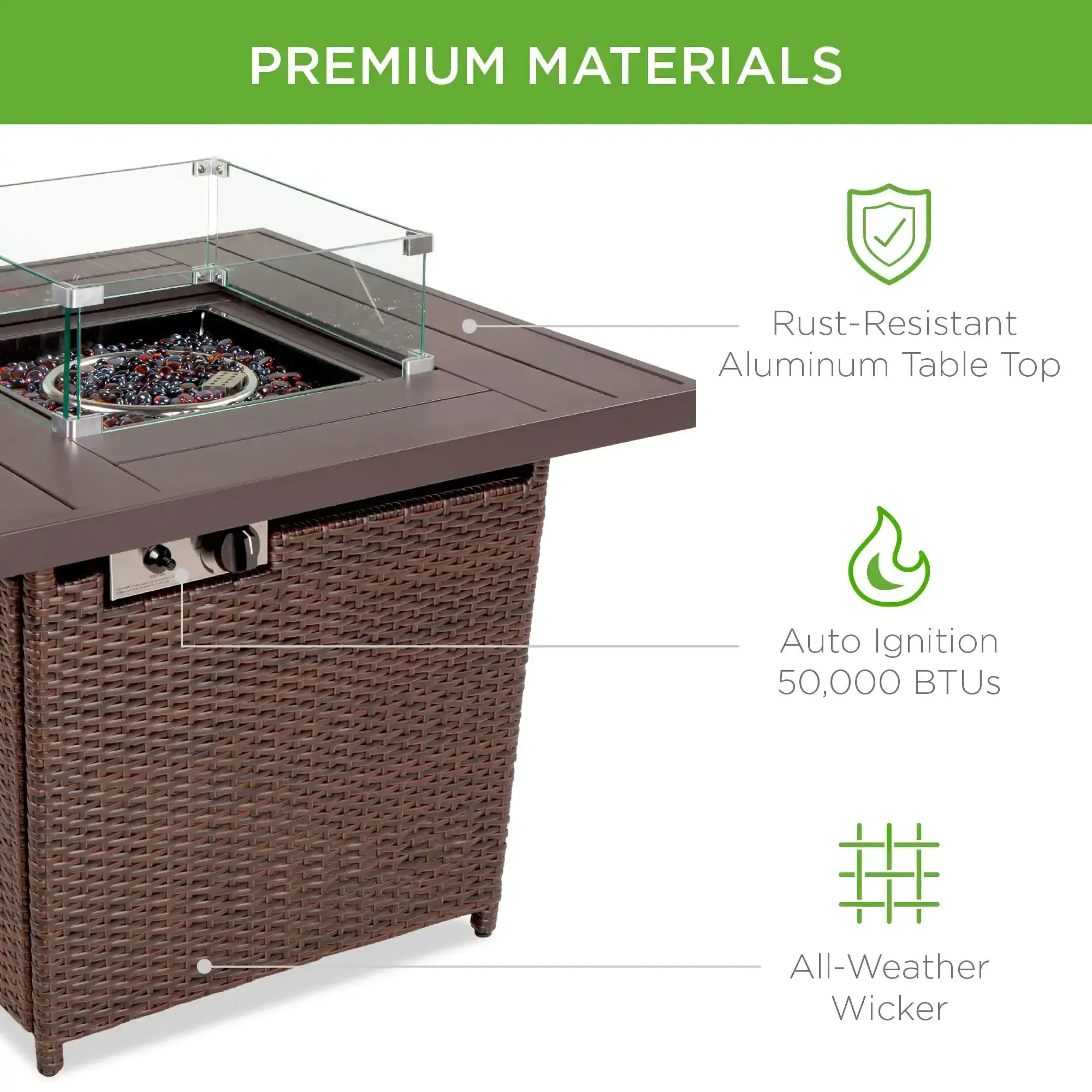 Modern Outdoor Garden Furniture Rattan square 32in Fire Pit Table 50,000 BTU gas wicker Fire Pit Table