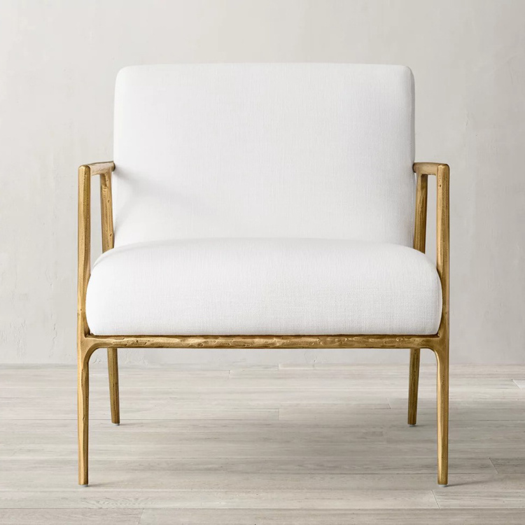 Modern Thaddeus Golden Track Arm Chair Hand Hammer Forged Metal Frame White Fabric Accent Chair