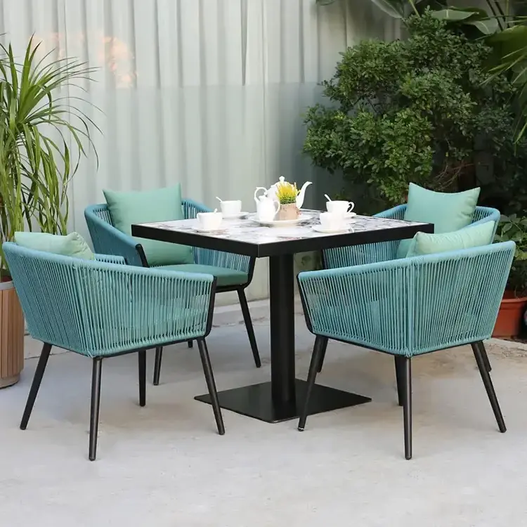 Modern New Product Outdoor Furniture Garden Patio Rope Chair Backrest Aluminum Frame Dining Table 4 Seater Set