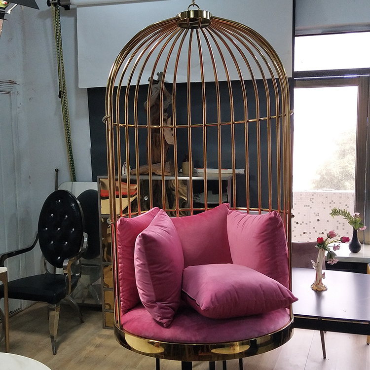 Luxury Design Hotel Lobby Furniture Gold Plated Stainless Steel Wedding Throne Birdcage Chair Hanging Velvet Seat Chair