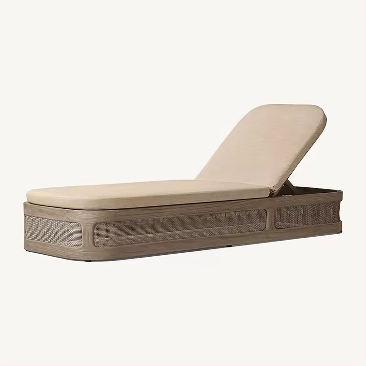 Modern Luxury  Outdoor Teak Furniture  Sun Lounge Chair Teak Wood Garden Villa Chaise Lounger With Cushion