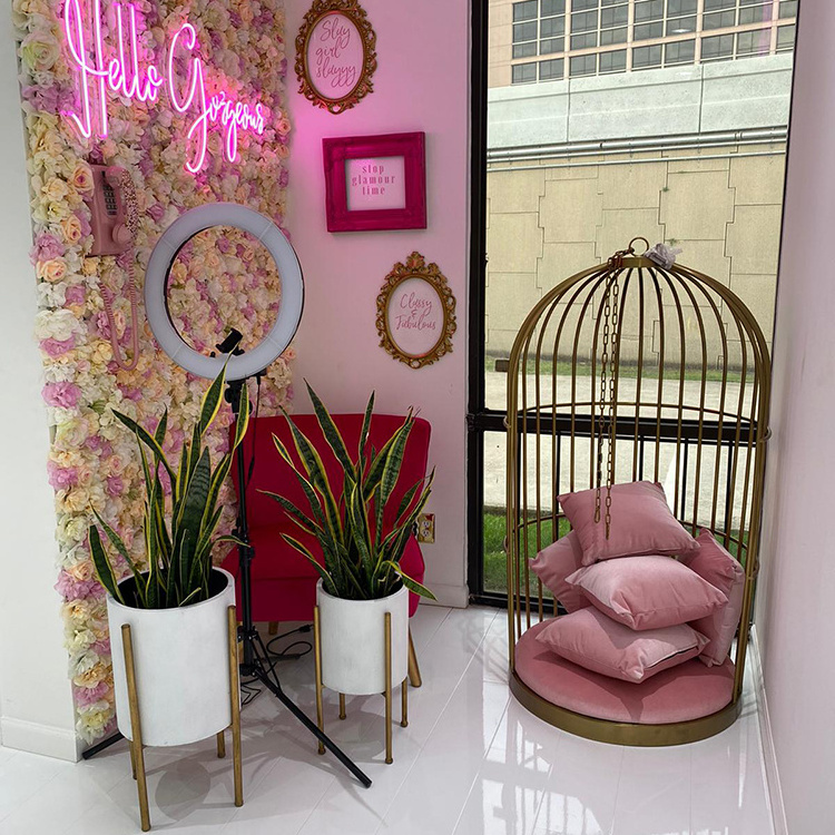 Luxury Design Hotel Lobby Furniture Gold Plated Stainless Steel Wedding Throne Birdcage Chair Hanging Velvet Seat Chair