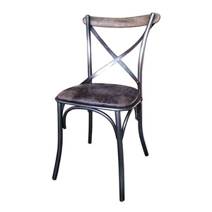 Vintage French Cross Back Iron Metal Frame Leather Seat Dining Chair for Coffee Shop Restaurant