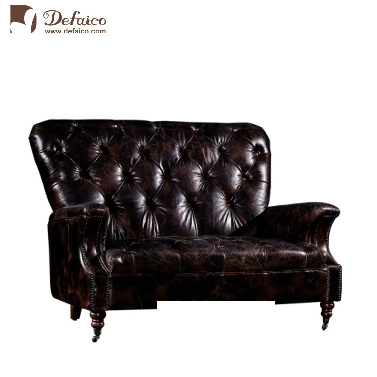 American Style Vintage Pu Black Leather 2 Seater Sofa Artificial Antique Leather 3 Seat Sofa