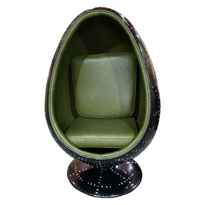 Vintage Fiberglass Shell Black Aluminum Chair Antique Green Real Leather Aviator Egg Pod Chair