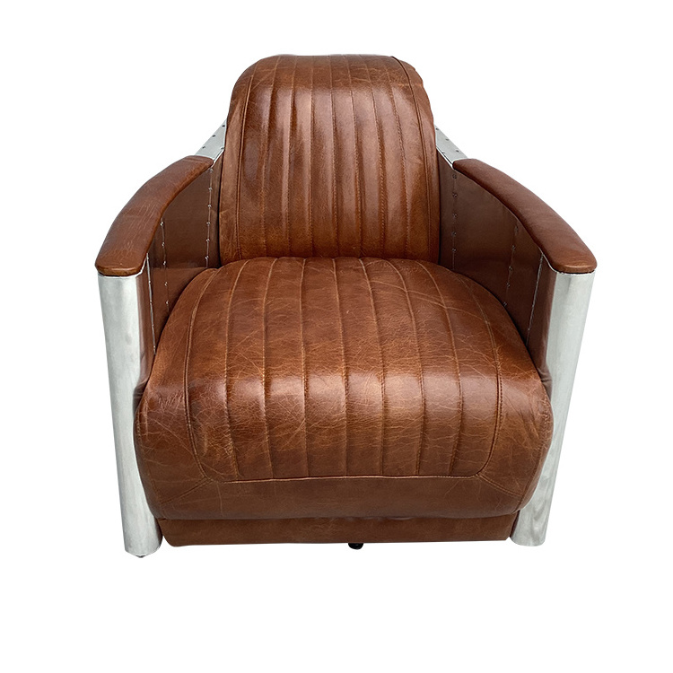 Spitfire Retro Metal Aluminium Vintage Distressed Tan Leather 360 Swivel Tomcat Chair Aviator