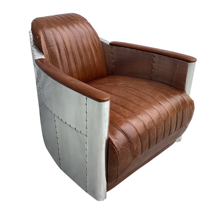 Spitfire Retro Metal Aluminium Vintage Distressed Tan Leather 360 Swivel Tomcat Chair Aviator