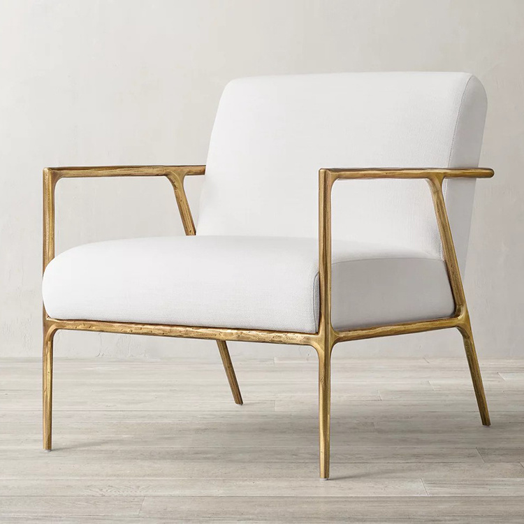 Modern Thaddeus Golden Track Arm Chair Hand Hammer Forged Metal Frame White Fabric Accent Chair