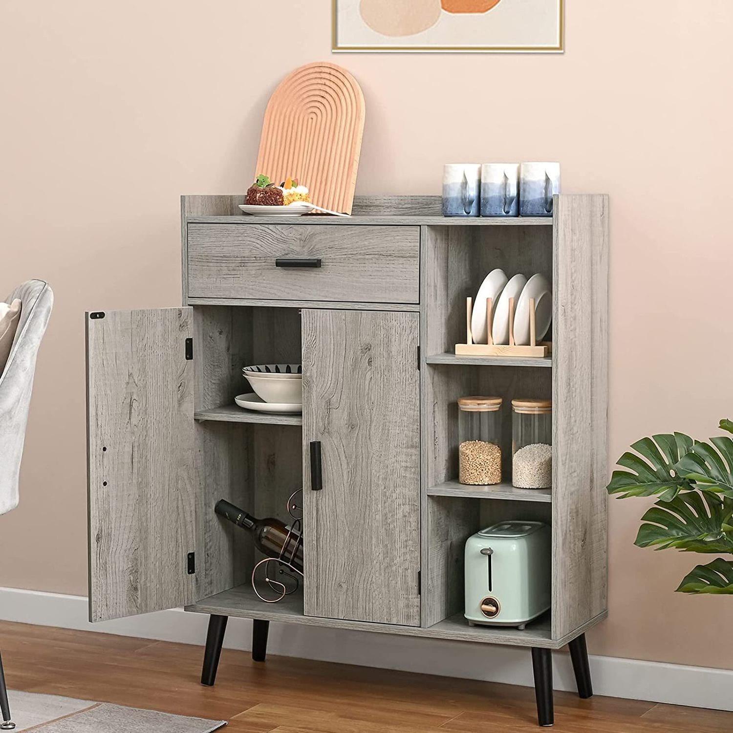 Customizable floor locker with 1 drawer 2 doors and 3 shelves Living room bedroom entryway office grey