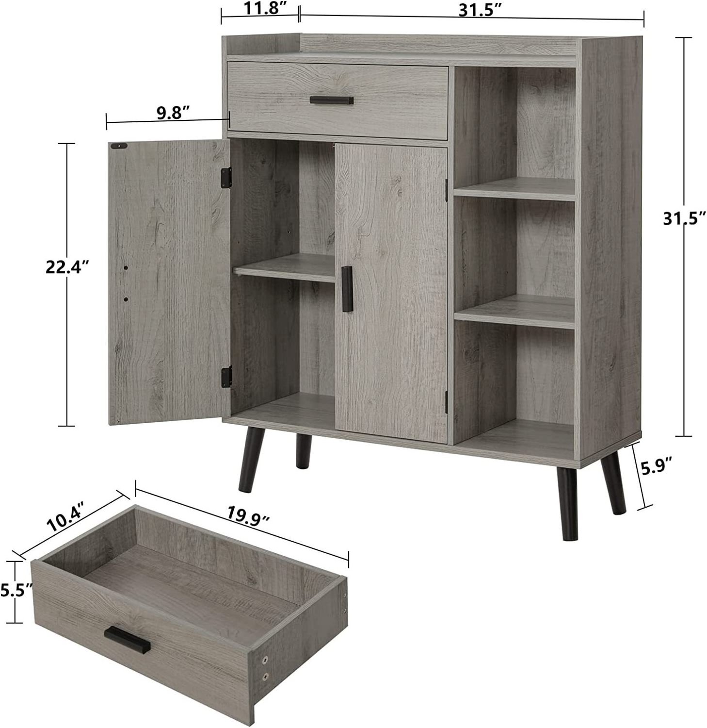 Customizable floor locker with 1 drawer 2 doors and 3 shelves Living room bedroom entryway office grey