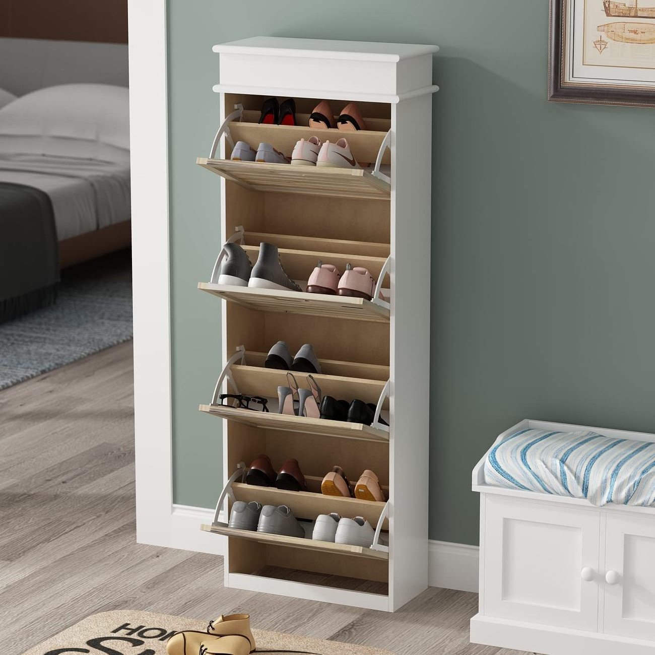 High-quality hot sale low-price direct sale white wooden simple and elegant multi-layer closed shoe rack for easy storage