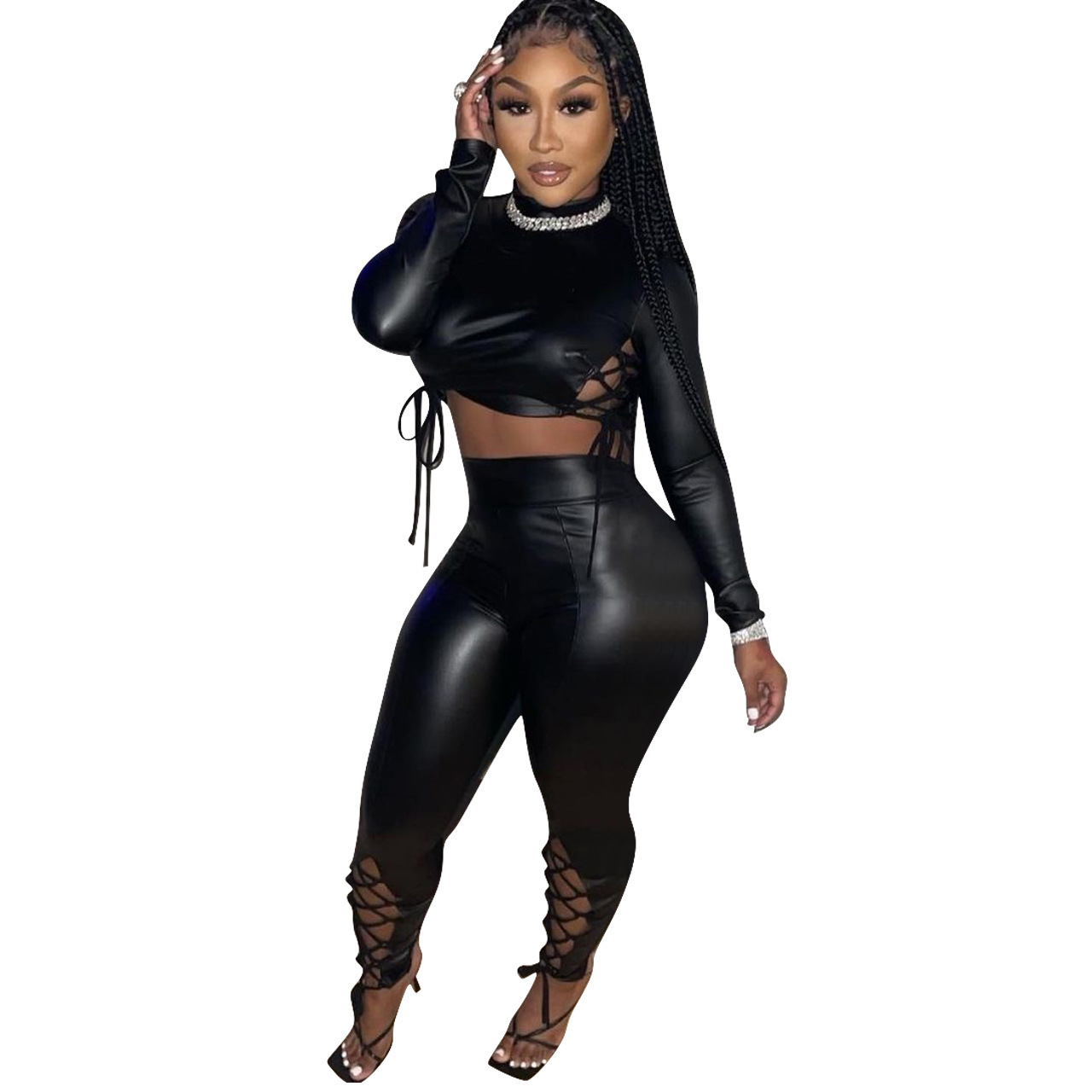 Autumn Pu Leather Pant Suits Sexy Club Outfits For Women Winter Clothing Black Long Sleeve Bandage 2 Piece Set