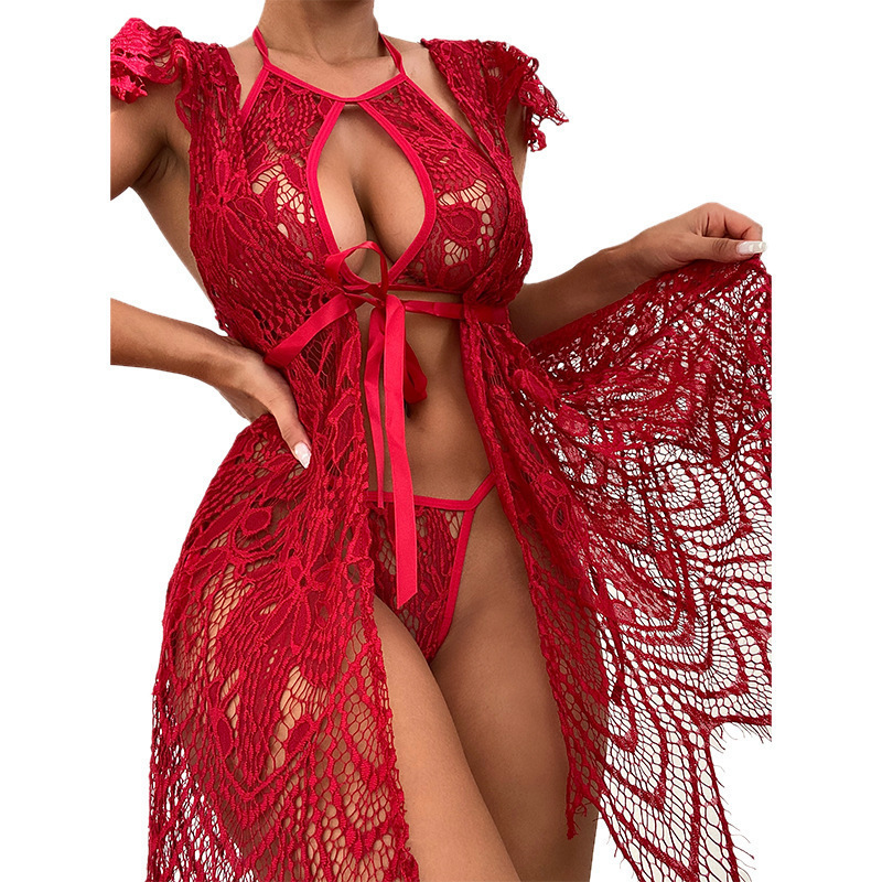 Women's lace Long Gown Bathrobe Mesh Sleepwear women Robe Summer Beachwear lingerie sexy