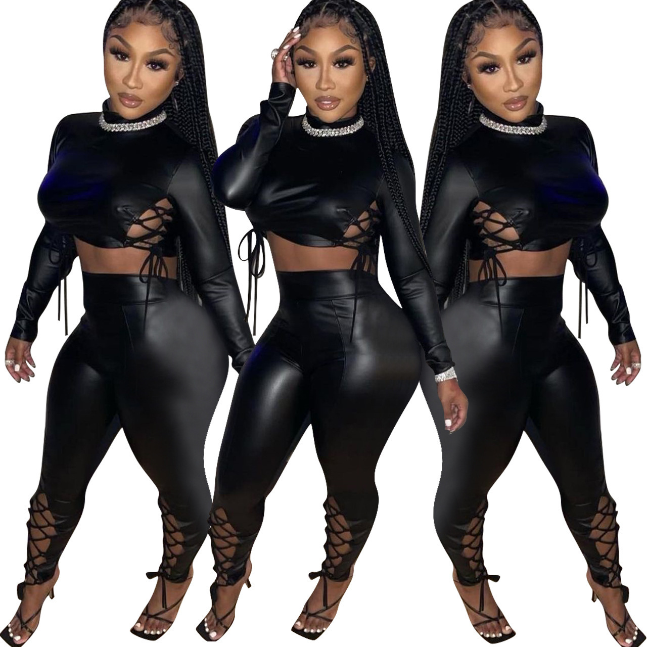 Autumn Pu Leather Pant Suits Sexy Club Outfits For Women Winter Clothing Black Long Sleeve Bandage 2 Piece Set