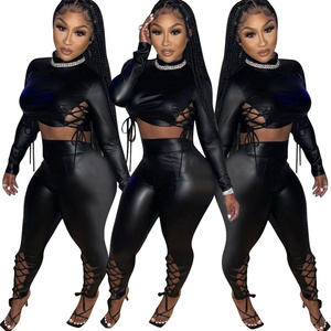 Autumn Pu Leather Pant Suits Sexy Club Outfits For Women Winter Clothing Black Long Sleeve Bandage 2 Piece Set