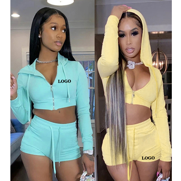 new arrivals Women Biker Short Sets 2 Piece Set Clothing Zipper Hoodie Women Crop Tops Two Piece Set Clothing