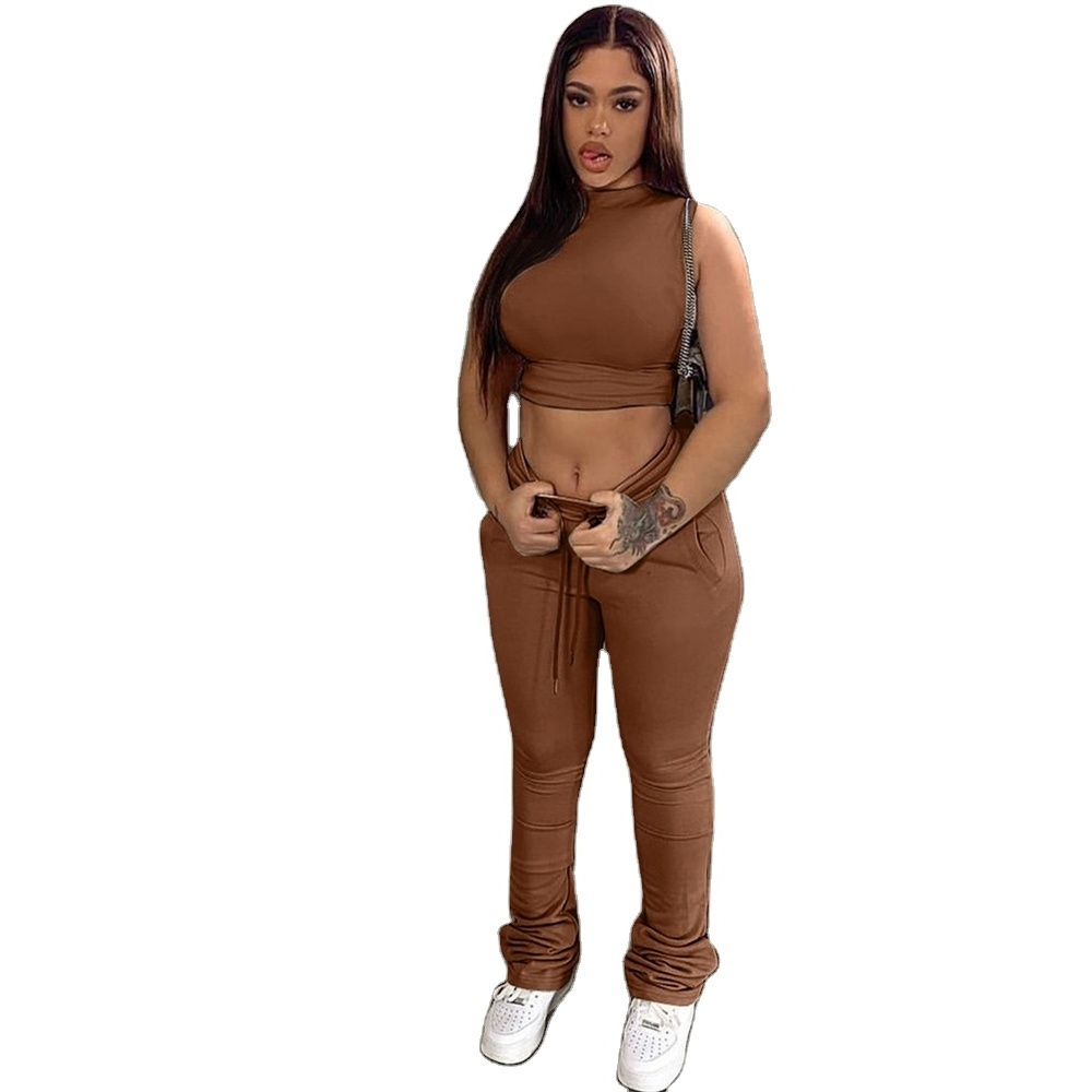 spring  women s clothing Solid Sleeveless Turtleneck Crop Top Stacked Pants 2 Piece Sets Tracksuit Outfits clothing