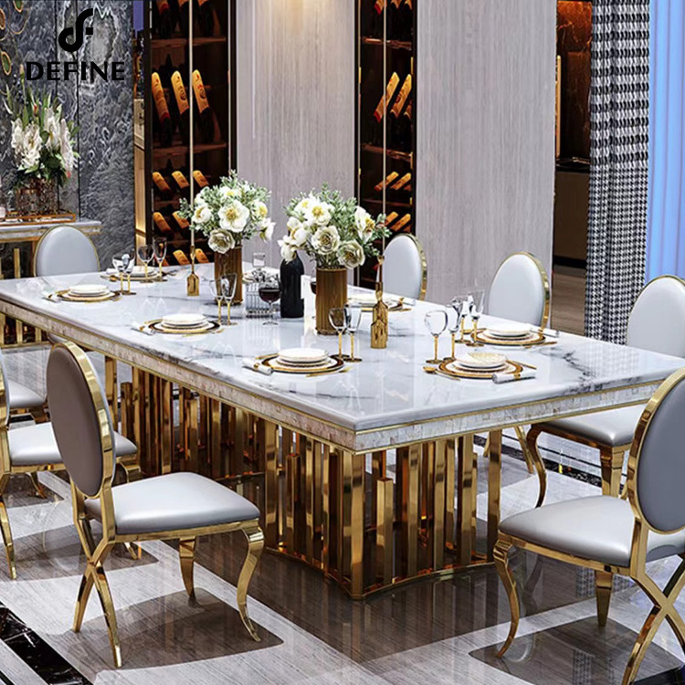 Luxury dining room set marble table top golden stainless steel base dining table for villa