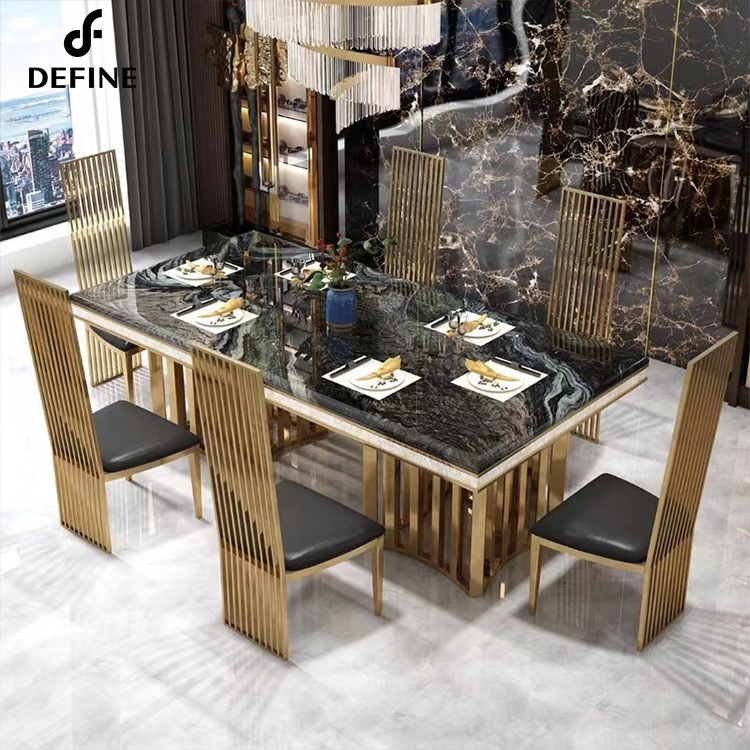 Luxury dining room set marble table top golden stainless steel base dining table for villa