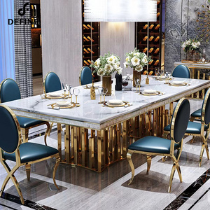 Luxury dining room set marble table top golden stainless steel base dining table for villa