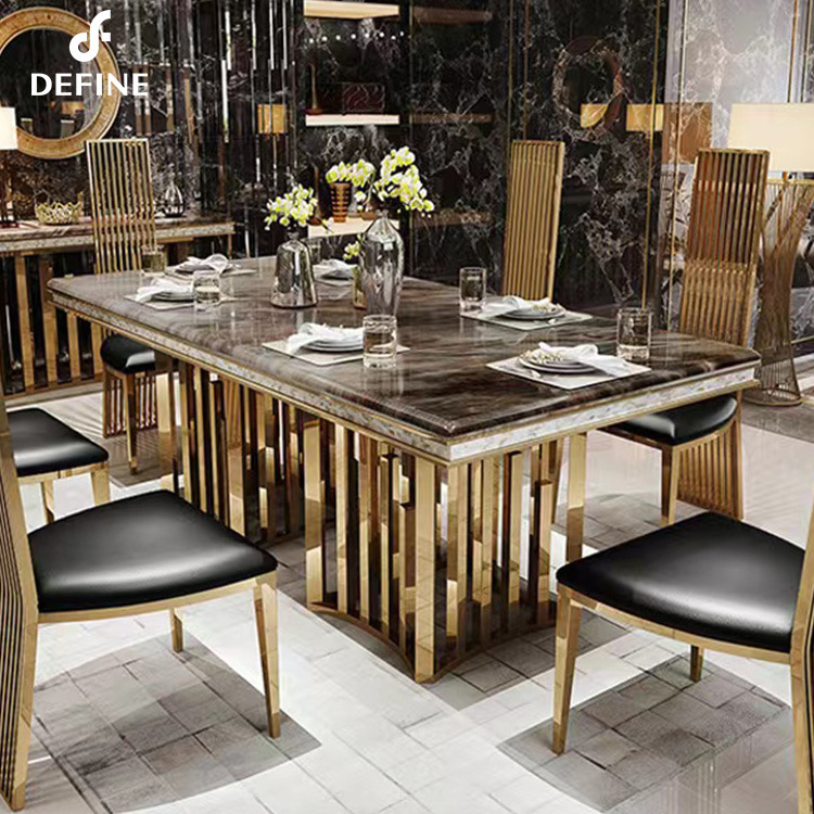 Luxury dining room set marble table top golden stainless steel base dining table for villa