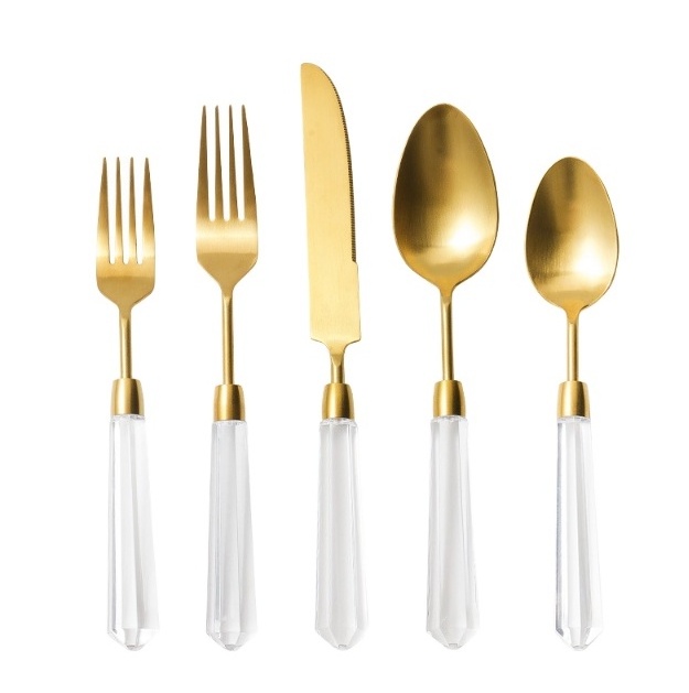 DFU106 8/10 Detachable Flatware Sets Stainless Steel Fork Knife And Spoon With Clear Acrylic Spiral Handle PVD Gold Bras Cutlery