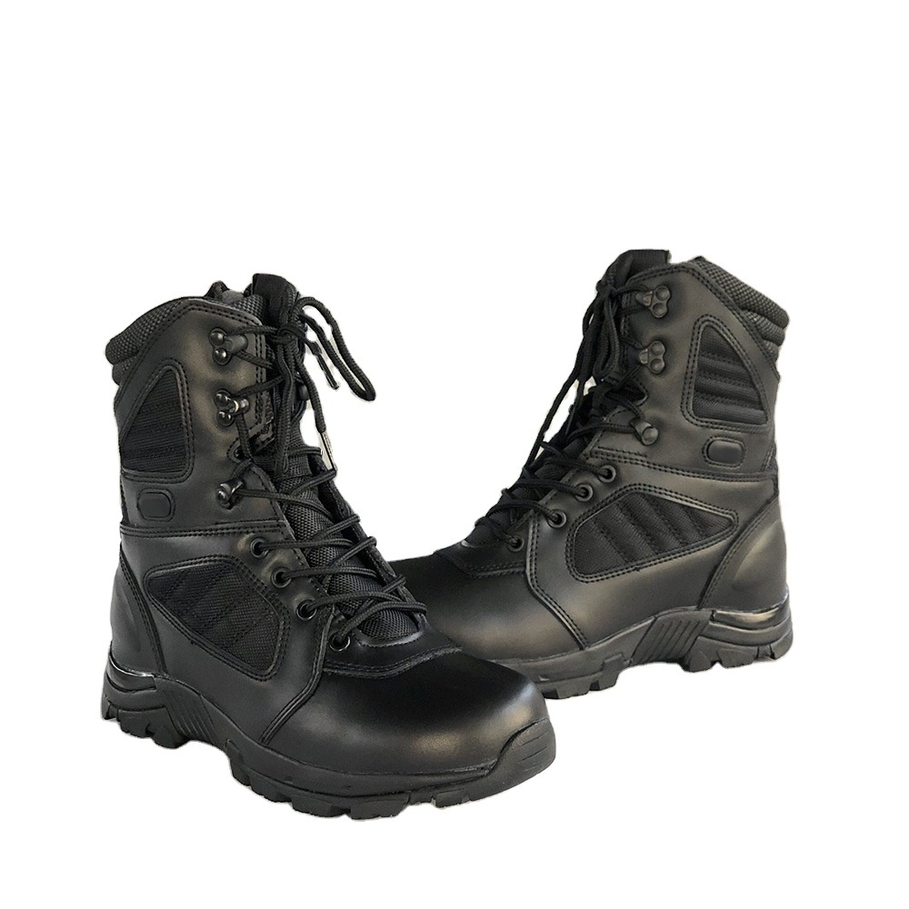 DF  stock Black Cow leather black tactical boots long hiking boots genuine leather with side zip or no zip