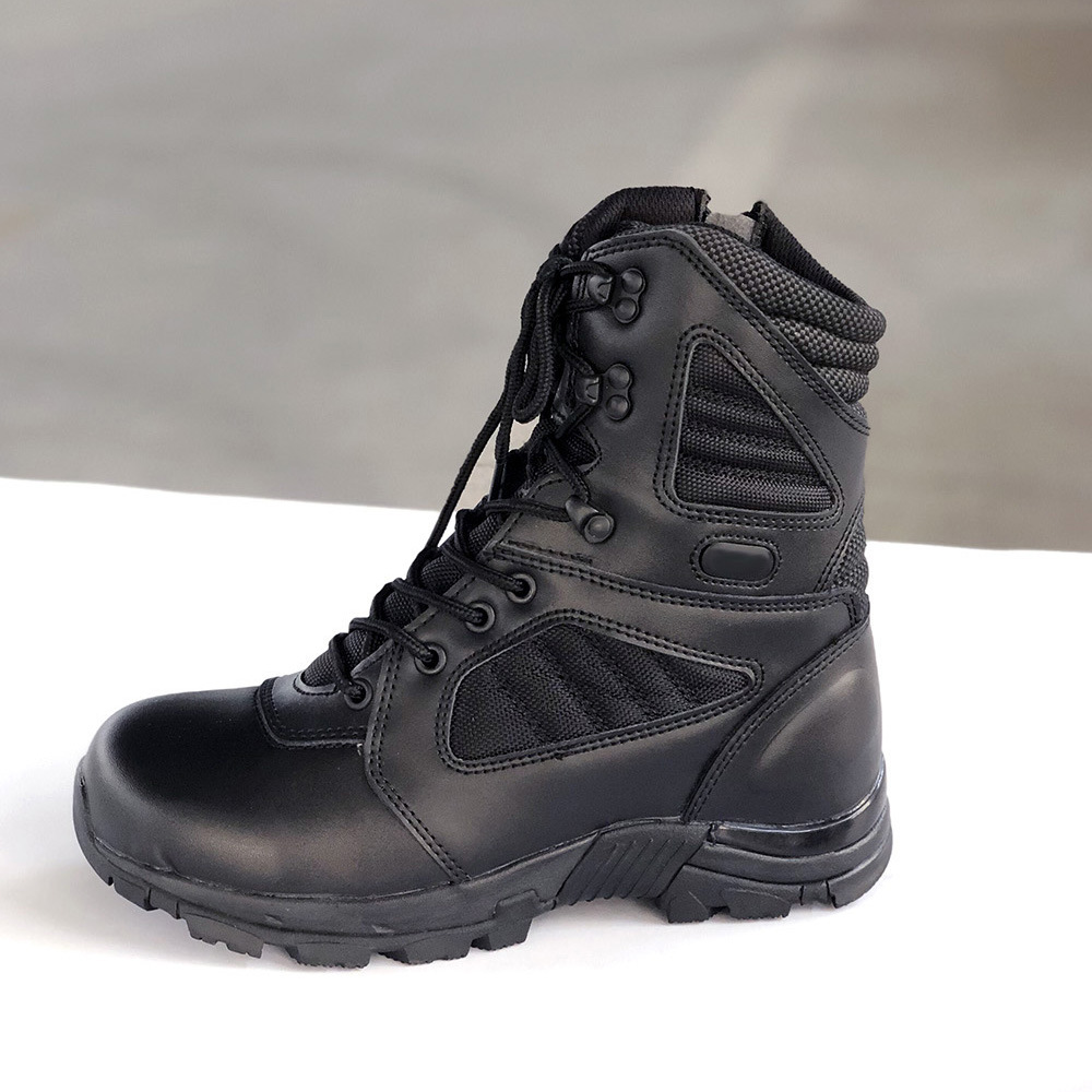 DF  stock Black Cow leather black tactical boots long hiking boots genuine leather with side zip or no zip