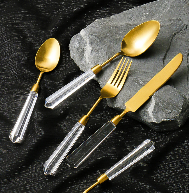 DFU106 8/10 Detachable Flatware Sets Stainless Steel Fork Knife And Spoon With Clear Acrylic Spiral Handle PVD Gold Bras Cutlery