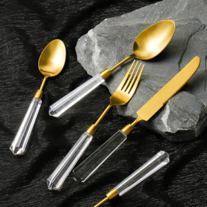 DFU106 8/10 Detachable Flatware Sets Stainless Steel Fork Knife And Spoon With Clear Acrylic Spiral Handle PVD Gold Bras Cutlery