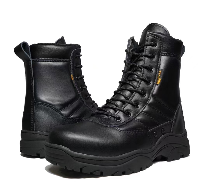 TSB09 Winter working outdoor duty men all in leather tactical boots  with ventilation holes at both sides with side zip