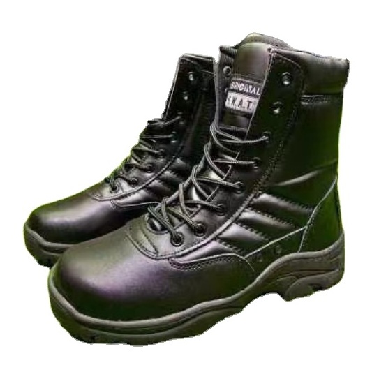 TSB09 Winter working outdoor duty men all in leather tactical boots  with ventilation holes at both sides with side zip