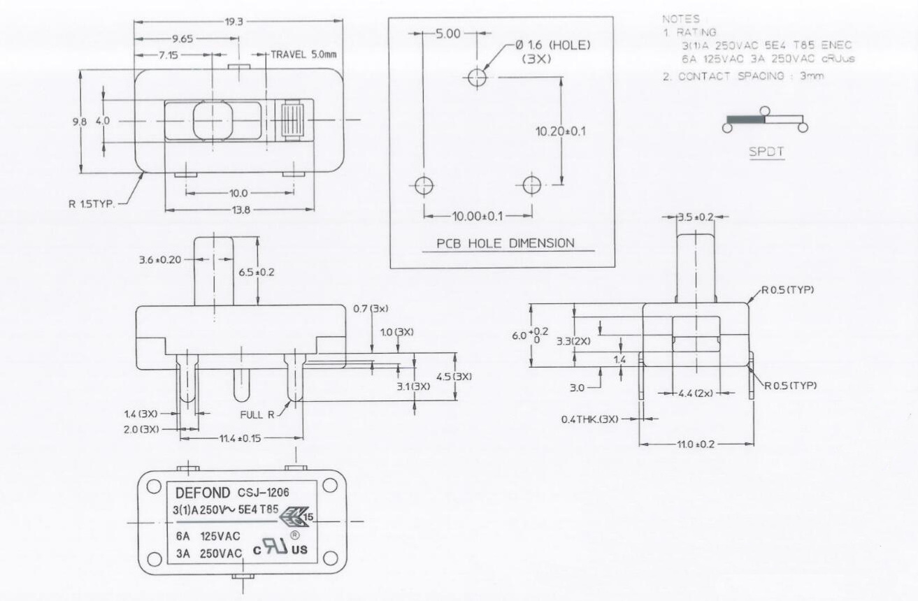 miniature slide switches Defond CSJ-1206-PCP31-03R  5.0mm travel micro slide switch 3a 125 250vac sliding swiitch