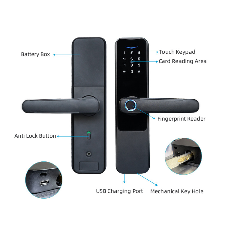 Digital Lock Reversible Handle Copper Wifi Keyless Entry Biometric Fingerprint Front Door Locks For Apartment