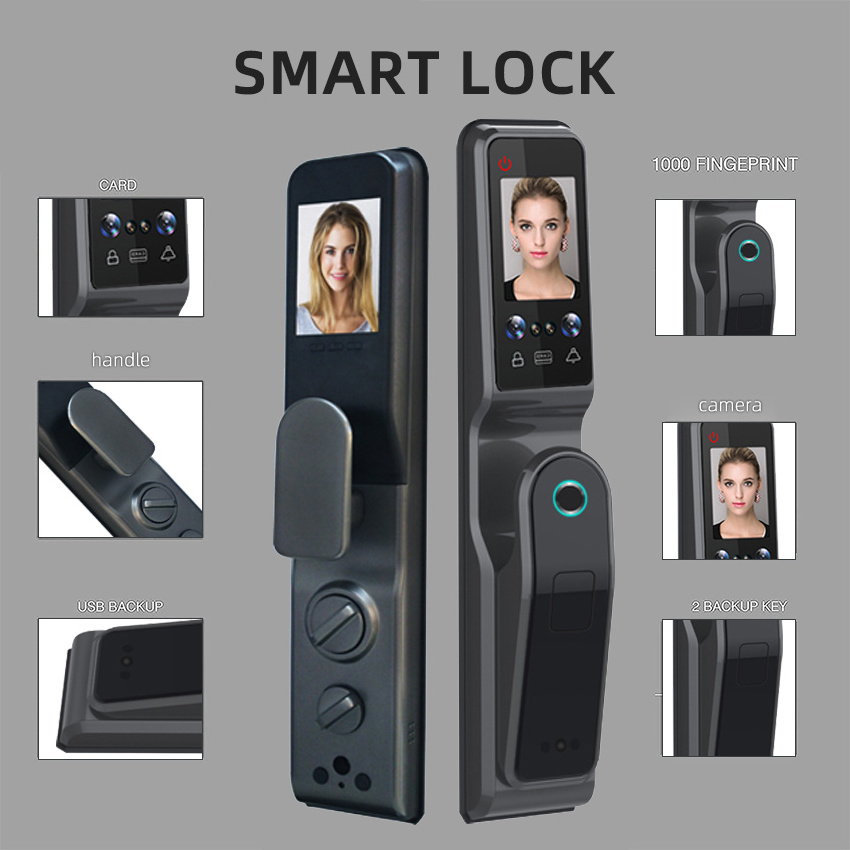 Factory OEM Tuya Wifi Fingerprint Face Recognition Automatic 3D Face Capture Function Smart Door Lock with Camera and Screen