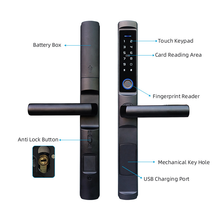 Waterproof Tuya Ttlock APP Wifi Electronic Fingerprint Keyless Intelligent Door Handle Lock Smart Sliding Electric Door Lock