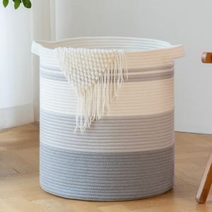 Foldable Woven Cotton Rope Basket with Handles Tall Corner Laundry Hamper for Nursery Towel Diaper Kids Toy Storage