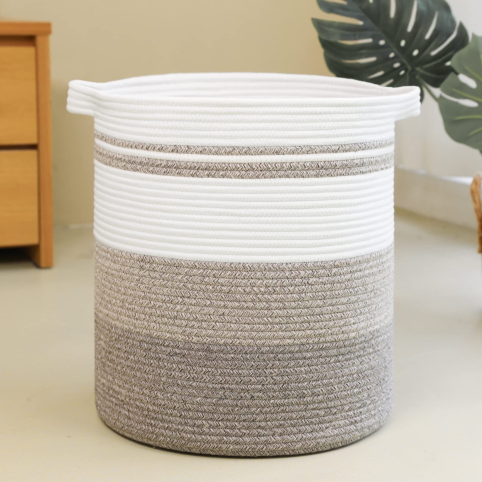 Foldable Woven Cotton Rope Basket with Handles Tall Corner Laundry Hamper for Nursery Towel Diaper Kids Toy Storage