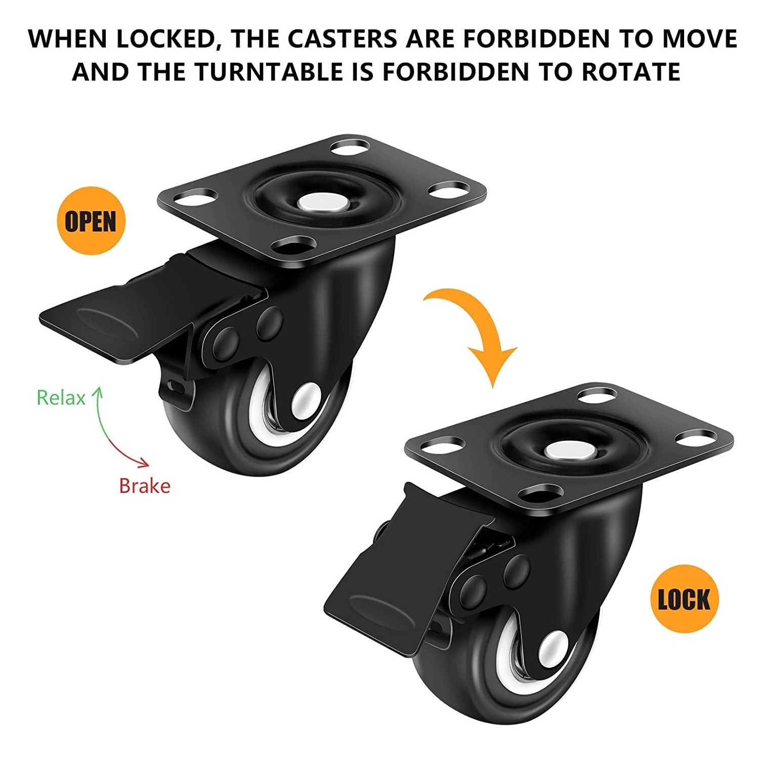 Heavy Duty Casters with Brake No Noise Locking Casters with Polyurethane (PU) Wheels, Swivel Plate Castors Pack of 4