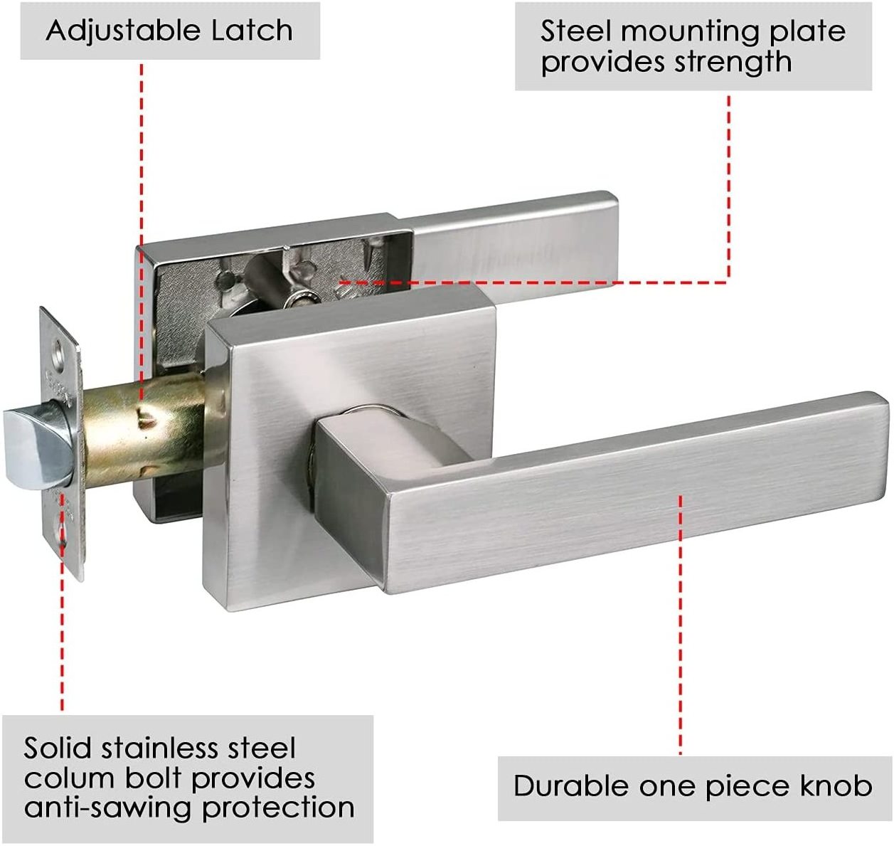 Heavy Duty Satin Nickel Finish Steel and ABS Lever Handle Lock for Passage Door for Wood Door in Cloakroom or Closet